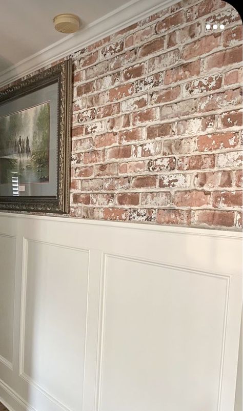 Brick Wall Hallway Ideas, Wainscoting On Brick Wall, Brick Hallway Ideas, Faux Brick Hallway, White Brick Paneling, Half Brick Half Panel Wall, Farmhouse Dining Room Brick Wall, Brick Wall And Floor, Wallpaper Next To Brick Fireplace