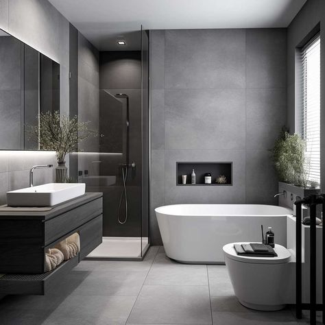 Minimalist Grey Bathroom Ideas for Small Modern Spaces • 333+ Images • [ArtFacade] Grey Bathroom Ideas, Grey Modern Bathrooms, Small Bathroom Designs, Modern Small Bathroom, Modern Small Bathrooms, Dark Bathrooms, Grey Bathroom, Bathroom Redesign, Small Bathroom Ideas Modern