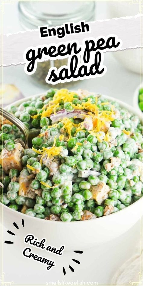 Remember that comforting pea salad from Grandma's table? We've brought it back! This English pea salad  recipe bursts with sweetness, savory bacon, and a tangy dressing. Easy  to make and loved by generations, it's the perfect side dish for any  occasion. Green Pea Salad Cold, Pea Salad With Eggs, English Peas Recipe, Classic Pea Salad, Hamburger Meal, Cold Pea Salad, English Pea Salad, Pea Salad With Bacon, Peas Salad