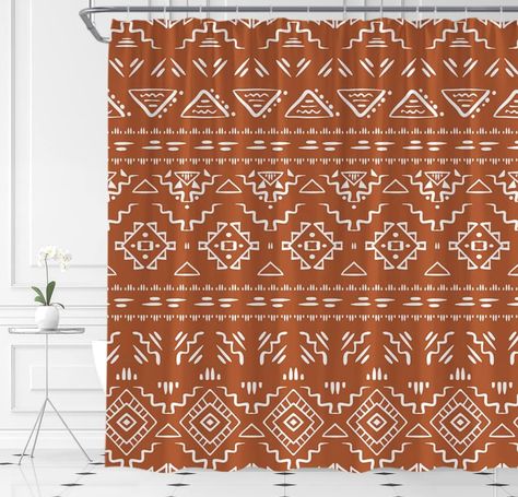 Southwest Bathroom Ideas, Southwest Shower Curtain, African Shower Curtain, Western Curtains, Western Bathroom, Orange Shower Curtain, Curtains Decor, Ranch House Decor, Geometric Shower Curtain