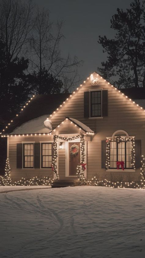 Christmas Spotlights On House, Outdoor Christmas Lights One Story House, Christmas Lights Home Exterior, Outdoor Holiday Lights House, Christmas House Decor Exterior, Simple House Christmas Lights, Modern Christmas House Exterior, Traditional Christmas Lights Outdoor, Christmas Light House Exterior