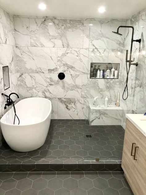 Master bathroom goals by DR Development! Gorgeous bathtub and stunning tile! Contact us for your interior exterior remodeling needs (310) 299-6497 #InteriorInspo #HouseGoals #HomeDecor #InteriorDesign #HomeInspiration #HomeIdeas #DecorInspiration #HomeStyle #DecorTips #HomeDecorating Master Bath Tub And Shower Ideas, Bathroom Ideas Shower Tub Combo Master Bath, Tub In Shower Master Bath, Tub In Shower Area, Bathroom Tub Ideas, Organization Small Bathroom, Wet Room Bathroom, Full Bathroom Remodel, Bathroom Decorating Ideas