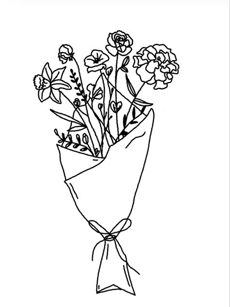 Supermarket Flowers Tattoo, Bouqette Of Flower Tattoo, Line Work Bouquet Tattoo, Line Work Flower Bouquet Tattoo, One Line Flower Bouquet Tattoo, Flower Bouquet Doodle, Supermarket Flowers, Bag With Flowers, Basic Tattoos