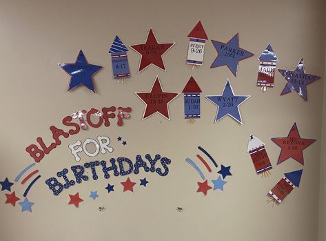 Fourth of July birthday wall 2020 July Birthday Bulletin Board Ideas, July Birthday Board Ideas, Fourth Of July Birthday, Birthday Boards, Nursing Home Activities, Birthday Bulletin Boards, Birthday Bulletin, Booster Club, Elderly Activities