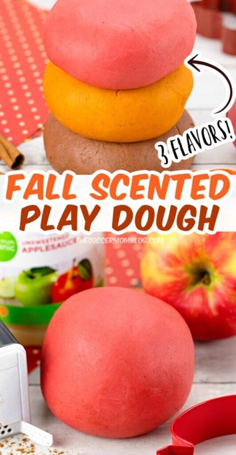 These super soft fall playdough recipes smell like your favorite things about the season: Apple, pumpkin, and cinnamon scented play dough! Fall Playdough Kit, Fall Playdough Recipes, Fall Playdough, Scented Playdough, Cooked Playdough, Pasteles Halloween, Scented Play Dough, Homemade Playdough Recipe, Playdough Activities