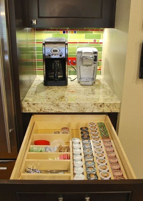 Keurig Coffee Station with K-Cup Drawer Storage, Tea Storage, creamer storage and other misc. coffee supplies. Keurig Coffee Station, Mini Cafeteria, Coffee Supplies, Kabinet Dapur, Home Coffee Stations, Coffee Nook, Home Coffee Bar, Coffee Bar Home, Kitchen Hacks Organization