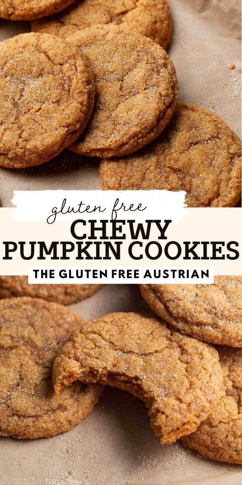 Savor the perfect fall treat with Chewy Pumpkin Cookies! Soft, moist, and packed with warm spices, these cookies are a must-try for any pumpkin lover. Made with real pumpkin and a blend of cinnamon, nutmeg, and cloves, they deliver classic autumn flavor in every bite. Easy to make and perfect for sharing! Gluten Free Pumpkin Smores Cookies, Gf Pumpkin Spice Cookies, Grain Free Fall Desserts, Fall Foods Gluten Free, Pumpkin Cookies Gluten Free Dairy Free, Gf Pumpkin Oatmeal Cookies, Pumpkin Cookie Gluten Free, Fall Treats Gluten Free, Halloween Cookies Gluten Free