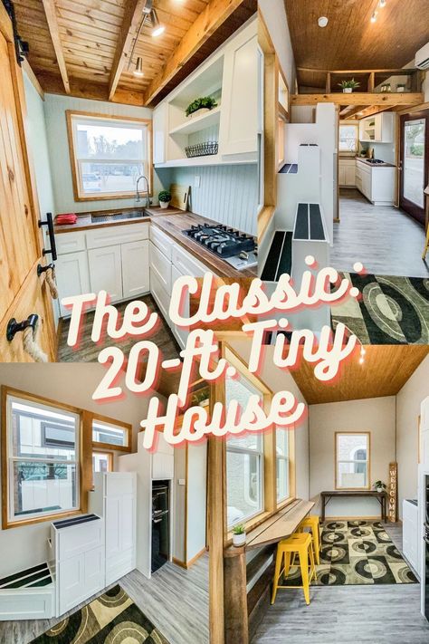 Here’s a tiny house on wheels that feels just like tinies “of old.” Appropriately named “The Classic,” this 20 ft. tiny home has the standard layout of many original tiny homes, but this one does upgrade with a storage staircase featuring a unique alternating step. 20 Ft Tiny House, Rustic Countertops, Large Kitchen Sinks, Storage Staircase, Tiny Home On Wheels, Tiny House Talk, Tiny House Builders, Small Couch, Loft Storage