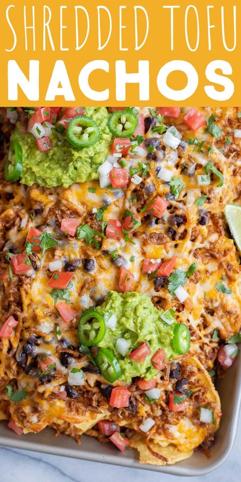 You can't go wrong with nachos, and these Vegetarian Shredded Tofu Nachos are some of the best I've had! The tofu is shredded and then cooked with smoky spices until it's crispy. These delicious nachos are loaded with protein and great for lunch, dinner, appetizer or snack. Add your favorite toppings and enjoy! #nachos #vegetarian #shreddedtofu #easydinner Tofu Nachos, Shredded Tofu Recipe, Nachos Vegetarian, Tofu Meals, Vegetarian Nachos Recipe, Shredded Tofu, Easy Tofu, Vegan Meat Recipe, Vegetarian Nachos