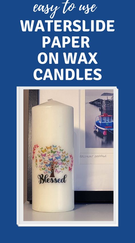 how to use waterslide decal paper on wax candles Cricut Candle Wraps, Candle Image Transfer, Vinyl Candle, Cricut Candles, Candle Decorating, Themed Candles, Candle Crafts, Waterslide Decal Paper, Waterslide Paper