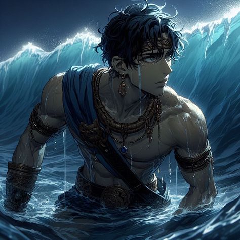 Water God Male, Water Oc Male, Pirate Art Male, Water Genasi Male, Blue Hair Male, Fantasy Male, Black Cartoon, Amazing Drawings, God Art