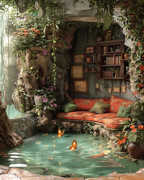 Sea Inspired Interior Design, Surrealism Room, Fantasy Interior Design, Butterfly Interior Design, Jungle Interior Design, Fantasy House Interior, Fairytale Room, Cottage Forest, Interior Concept Art