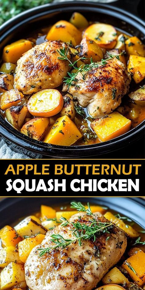 This easy-to-make recipe brings together the sweet and savory flavors of juicy chicken, tender butternut squash, and crisp apples—all in one skillet! 🥘 Whether you're meal prepping or looking for a healthy family dinner, this dish is packed with nutrients and rich flavors that everyone will love. 🔥 Try it today and impress your guests with this delightful fall-inspired recipe! #FallRecipes #HealthyDinnerIdeas #ButternutSquash #ChickenRecipes #EasyDinner Dump And Go Meals, Chicken With Butternut Squash, Apple Cider Chicken, Butternut Squash Side Dish, Butternut Squash Chicken, Cider Chicken, Chicken Breast Dinner Ideas, Chicken Breast Dinner, Chicken Breast Crockpot