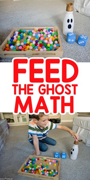 Ghost Roll & Feed: Halloween Math for All Ages - Busy Toddler Halloween Activities For Preschool Math, Preschool Math Halloween Activities, Feed The Ghost Game, Kids School Halloween Games, Halloween Activies Toddlers, Halloween Provocations Preschool, Halloween Classroom Games Preschool, Feed The Ghost Fine Motor, Halloween Toddler Math Activities