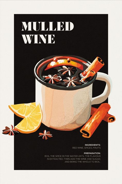 Mulled Wine Cocktail Poster | Classic Cocktail Print | Bartender Wall Print | Cocktail Recipes | Kitchen Decor | Boozy Gift Christmas gift ideas | Christmas kitchen decor ideas | Christmas present ideas | Christmas decor ideas | Christmas decorations living room | Christmas decor kitchen | Festive decoration | Festive Mulled Wine Cocktail Poster is a hand painted wall print perfect for bar, man cave, kitchen, living room, dining room, etc. Mulled Wine Illustration, Wine Poster Design Ideas, Wine Design Poster, Painted Cocktails, Mulled Wine Aesthetic, Wine Poster Design, Drink Prints, Poster Drink, Cocktail Posters