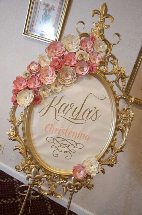 Welcome sign at a vintage romantic baptism  party! See more party planning ideas at CatchMyParty.com!: Baptism Party Ideas, Nursery Frames, Deco Rose, Baptism Party, Baby Shower Princess, Gold Party, Girl Shower, Princess Birthday, Princess Party