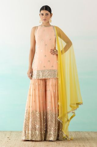 Buy Brown Bemberg Silk Printed Embroidered Placement Long Top With Sharara For Women by Koashee by Shubitaa Online at Aza Fashions. Yellow Sharara, Pink Anarkali, Kurta Sharara Set, Kurta Sharara, Orange Satin, Wedding 2025, Sharara Set, Organza Dupatta, Kurta With Pants