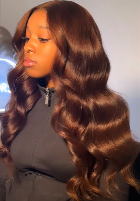 Brown Wig Aesthetic, Brown Glueless Wig, Chocolate Brown Quick Weave, Chocolate Brown Weave, Chocolate Brown Hair Color Curly Hair, Brown Leave Out, Brown Frontal Wig Hairstyles, Chocolate Brown Sew In, Chocolate Wig Black Women