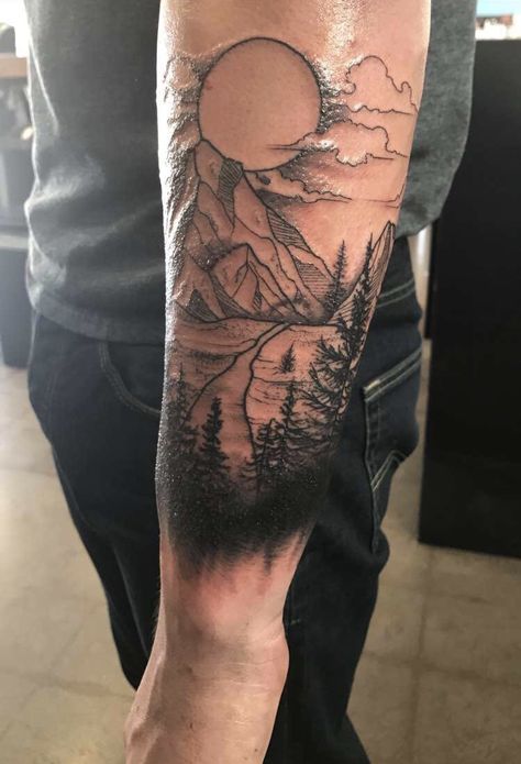 Originally from Northern California and just always wanted a part of home to be with me no matter how far I may journey away from it. All the pine trees in the background with a lone bear roaming. #mountains #river #trees #tahoe #laketahoe #tattoo Wilderness Tattoo, Little Bird Tattoos, Scene Tattoo, Tatuagem Masculina Pequena, Tattoo Tree, Nature Tattoo Sleeve, Handpoke Tattoo, Landscape Tattoo, Forest Tattoos