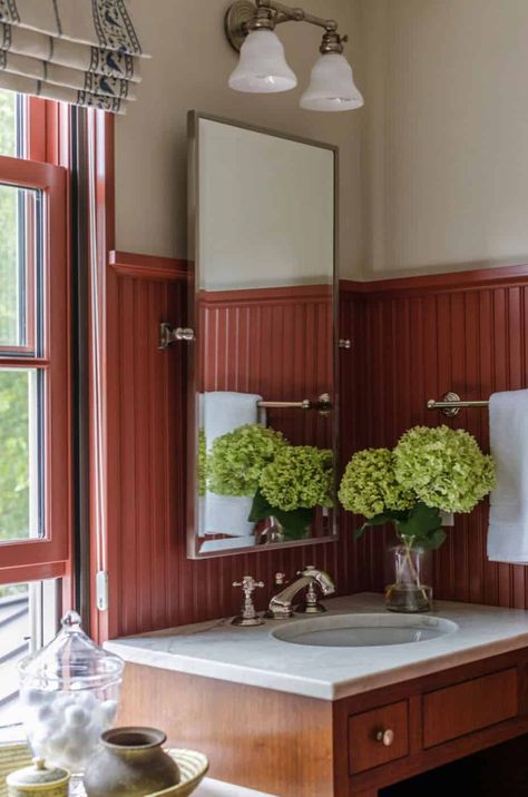 Shingle colonial style lake house with breathtaking details in Minnesota Red Beadboard Bathroom, Colonial Bathroom, Beadboard Trim, French Colonial Style, Primitive Bathroom, Georgian Colonial, Beadboard Wainscoting, Turtle Lake, Brick Pathway