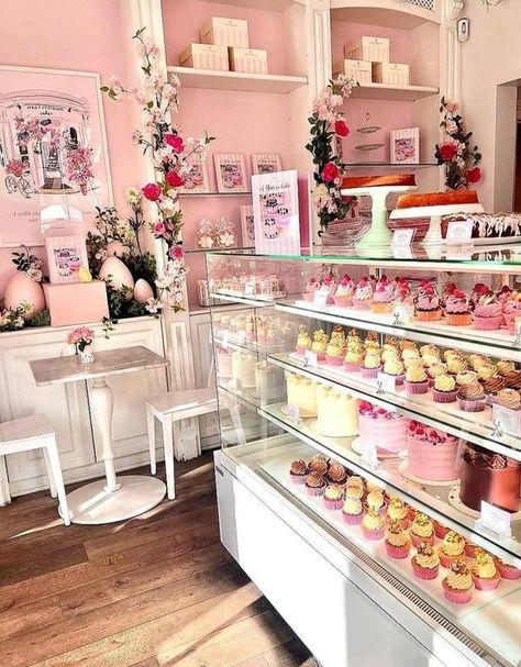 Small Cake Shop Design Ideas, Small Cake Shop Design, Pink Bakery Aesthetic, Donut Shop Aesthetic, Vintage Bakery Aesthetic, Small Bakery Interior, Cupcake Shop Interior, Cozy Cafe Aesthetic, Small White Table