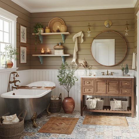 Modern Farmhouse Boho House🧡🧡🧡 Home Decor Boho Farmhouse, Boho Rustic Farmhouse, Earthy Modern Farmhouse, Master Bath Boho, Boho Farmhouse Aesthetic, Boho Master Bath, Rustic Boho Bathroom, Boho Farmhouse Bathroom, Boho Western Bathroom