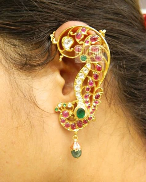 Peacock full ear covering earring Full Ear Earrings, Double Ear Piercing, Ear Piercing Ideas, Earrings Jhumka, Temple Jewellery Earrings, Mouse Earrings, Gold Jhumka Earrings, Minnie Mouse Earrings, Antique Bridal Jewelry