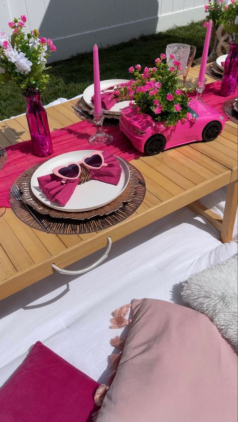 Barbie birthday decor, barbie theme, luxury picnic, birthday picnic, pink picnic, barbie decor, barbie party Barbie Birthday Party Table Decorations, Barbie Picnic Party, Barbie Party Table, Barbie Picnic, Hey Barbie, Barbie Decor, Pink Picnic, Picnic Planning, Barbie Birthday Cake