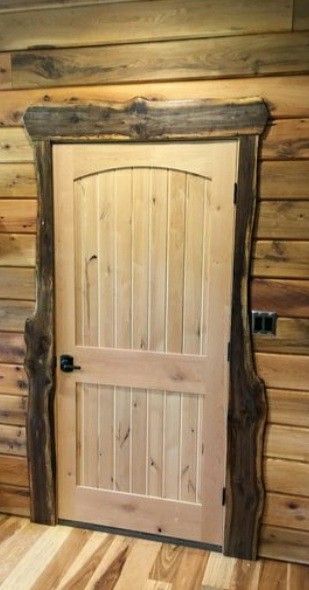 Wood Trim Halfway Up Wall, Log Cabin Doors, Rustic Door Trim, Rustic Trim Ideas, Live Edge Wood Projects, Rustic Trim, Hickory Floor, Wooden Door Frame, Log Home Interior