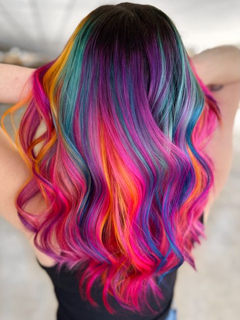 Colored Extensions, Neon Hair Color, Dramatic Hair Colors, Exotic Hair Color, Fantasy Hair Color, Holographic Hair, Sunset Hair, Mermaid Hair Color, Dramatic Hair