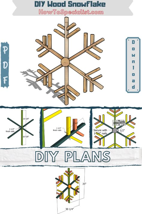 How to Make a Wooden Snowflake - Free DIY Plans Outdoor Wooden Snowflakes Diy, Large Wooden Snowflakes Diy, Diy Wood Snowflakes, Wooden Snowflakes Diy, Wood Snowflake, Modern Farmhouse Diy, Tree Plan, Rustic Modern Farmhouse, Snow Flakes Diy