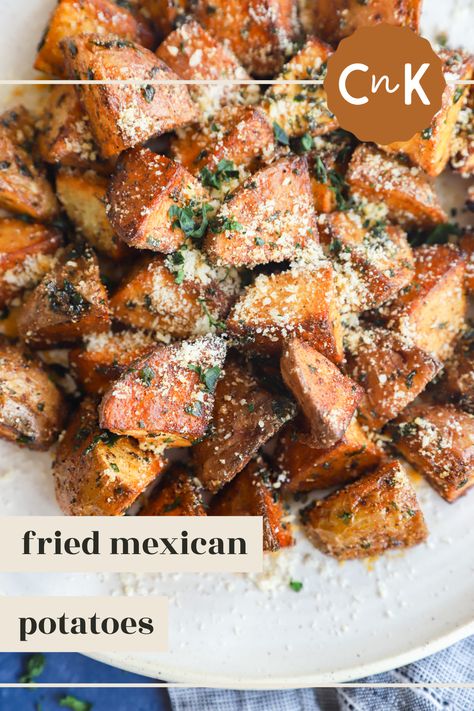 The flavor of these Fried Mexican Potatoes is irresistible! Crispy, perfectly cooked potatoes are mixed with fresh cilantro, a homemade Mexican seasoning, and a touch of butter, so they are bursting with flavor. They are the ultimate side dish, snack, or addition to your breakfast spread! Mexican Fried Potatoes, Mexican Potatoes, Cooked Potatoes, Breakfast Spread, Work Recipes, 2023 Recipes, Mexican Seasoning, Homemade Mexican, Fall Dinner Recipes