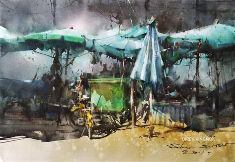 Blue Umbrellas 35x50 cm Watercolor by Direk Kingnok Street Painting Watercolor, Street Drawing Watercolor, Istanbul Watercolor Paintings, Village Scene Drawing, Loose Urban Watercolor, Chinatown Watercolor, Watercolor Indian, Loose Watercolor Paintings, Human Figure Sketches