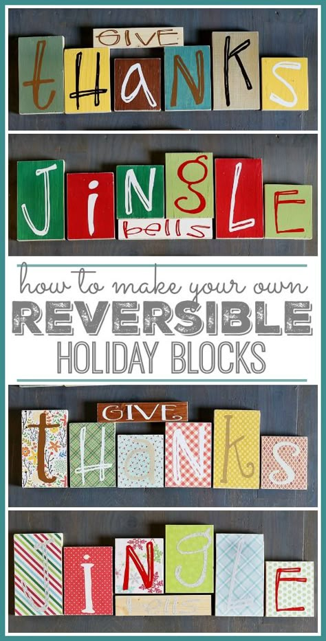 Reversible Holiday Blocks, Give Thanks Jingle Bells - Sugar Bee Crafts Holiday Sayings, Reversible Blocks, Word Block, Crafts Holiday, Christmas Blocks, Wood Block Crafts, Diy Blocks, Block Craft, Holiday Quotes