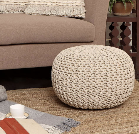 REDEARTH Round Pouf Ottoman - Cable Knitted Boho Poof - Home Décor Cord Pouffe Handmade Circular Footrest for Living Room - Bedroom - Kids Bedroom - 100% Cotton Pouf (18" x 18" x 14") - Ivory Knitted Ottoman, Round Pouf Ottoman, Bean Bag Living Room, Knitted Pouf, Accent Seating, Living Room Warm, Outdoor Pouf, Poufs & Ottomans, Floor Pouf