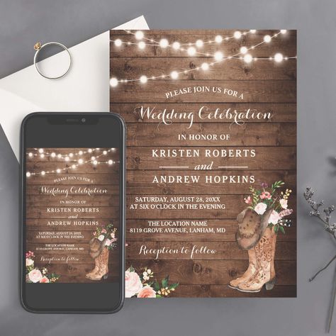 Rustic Boots Cowboy Cowgirl Floral Lights Wedding Invitation https://www.zazzle.com/rustic_boots_cowboy_cowgirl_floral_lights_wedding_invitation-256945344830837771?rf=238253331811171847&tc=pthao Floral Lights, Cowgirl Bridal Shower, Wedding Foam Board, Rustic Boots, String Lights Wedding, Western Rustic, Lights Wedding, Boots Cowboy, Western Theme