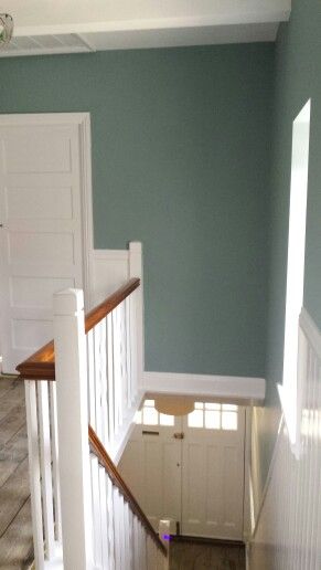 Crown Classic Duck Egg hallway landing Duck Egg Hallway Ideas, Duck Egg Hallway, Duck Egg Walls, Landing Lighting Ideas, Duck Egg Panelling Bedroom, Duck Egg Blue Hallway And Stairs, Crown Paint Duck Egg, Duck Egg Feature Wall Bedroom, Duck Egg Blue Wall