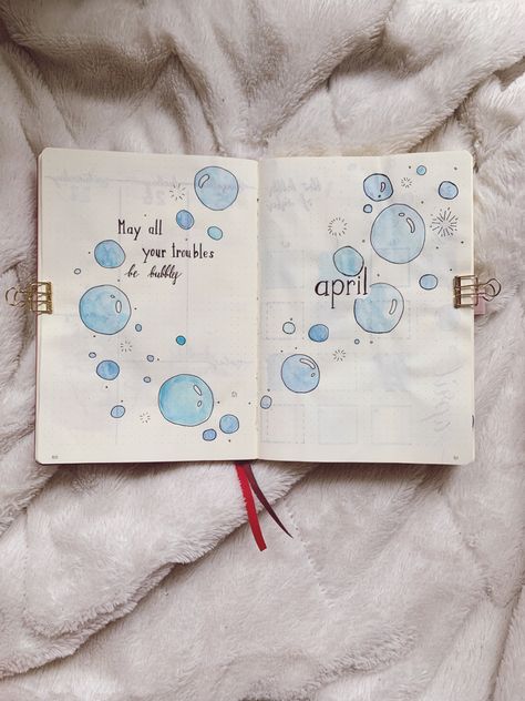 Bubble Journal Ideas, Journal April Cover, Bujo Rain Theme, April Cover Page, Bullet Journal April Cover, Water Bullet Journal, Journaling Doodles, 2025 Journal, Blue Bullet Journal Theme