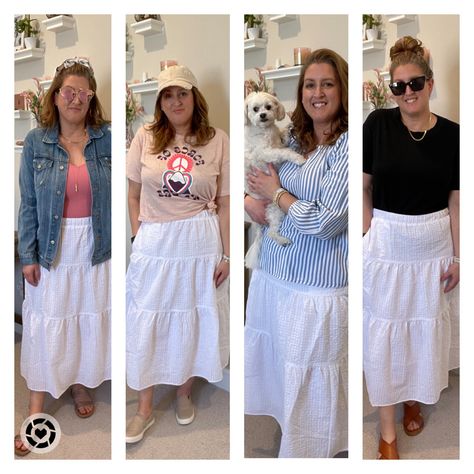 High waisted Tiered Seersucker Maxi Skirt styled 4 different ways Long Tiered Skirt, White Maxi Skirt, Smocked Skirt, Maxi Skirt Style, White Maxi Skirts, White Maxi, Tier Skirt, Complete Outfits, Knitted Tank Top