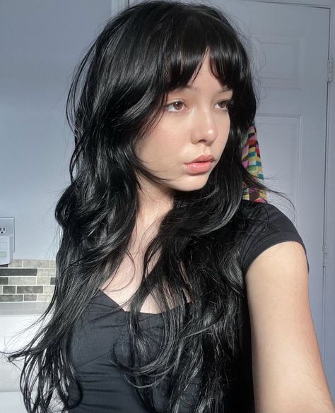 Pelo Color Vino, Black Hair Types, Long Shag Haircut, Hair Stylies, Long Hair With Bangs, Long Black Hair, Cut My Hair, Hair Inspo Color, Aesthetic Hair