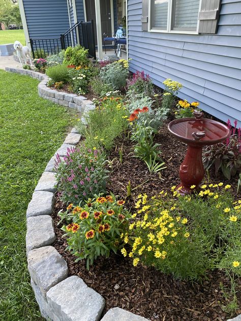 Raised Flower Beds Front Yard, Brick Flower Bed In Front Of House, Raised Flower Bed Front Of House, Flower Garden Ideas In Front Of House Landscaping Raised Beds, Drought Tolerant Flower Beds, Solar Lights In Flower Bed, Raised Garden Bed Front Yard, Front Of House Garden Bed, Flower Bed In Front Of Porch