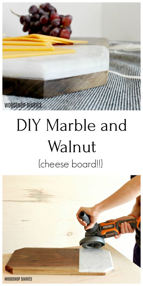 Make a walnut and marble cheese board with this creative tutorial.  Using a scrap board and a marble tile, this easy project is sure to wow guests and make a huge statement at your next get together.  Chamfer the marble edges with an angle grinder OR leave them square for a clean, modern feel.  This is the perfect DIY gift idea Wood Serving Tray Diy Cheese Boards, Marble Scrap Ideas, Scrap Marble Projects, Scrap Granite Projects, Marble Diy Projects, Diy Cheese Board, Granite Projects, Marble Charcuterie Board, Marble Diy