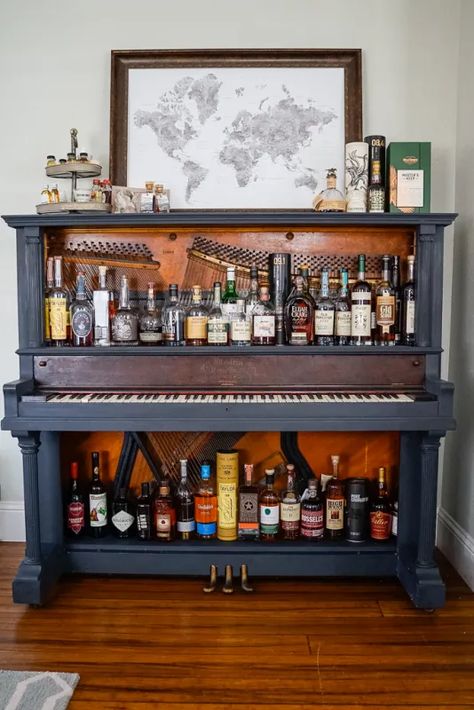 Hidden Home Bar, Piano Projects, Piano Makeover, Piano Upcycle, Piano Repurpose, Repurposed Piano, Old Piano, Piano Decor, Piano Ideas