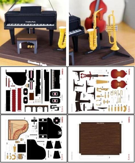 Paper Musical Instruments, Paper Instruments, Diorama Paper, Origami Wall Art, Jazz Quartet, Room Box Miniatures, Free Paper Models, Miniature Guitars, Diy Instruments