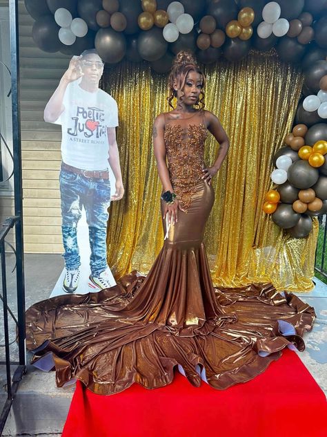 Brown Dress For Prom, Gold And Brown Prom Dress, Brown Gold Prom Dress, Chocolate Prom Dress, Braid Trends 2023, Gold Prom Looks, Brown Prom Dress Couple, Chocolate Brown Prom Dress, Brown And Gold Prom Dress