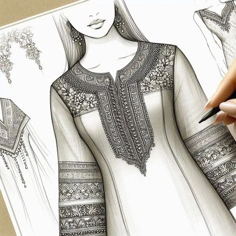 Fashion design sketch of hand embroidery kurti design .... Do you want to improve your designs? Follow them I will suggest some design books! Link 🔗 🔗 🔗 in bio 👆 👆👆 #tazhib #tezhib #arttazhib #art_islamic #zarnegar #artistofdrawing #artofpainting #painting_artist #paintdrawing #drawing #drawing #zokhrof #explore #instagram_drawing #embroideryartistsoninstagram #embroidered #embroiderysketchbook #embroiderysketching #embroiderydesigns #embroiderydesign #embroidery #drawonline #viralpost #tr... Abaya Technical Drawing, Kurti Drawing, Neck Design Sketch, Kurti Illustration, Kurti Sketch, Khakha Designs, Embroidery Kurti Design, Hand Embroidery Kurti, Bride Fashion Illustration