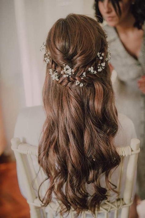 Bridal Hair Down Braid, Wedding Hairstyles Forest Theme, Dreamy Wedding Hair, Wedding Hairstyles For Long Hair Tiara, Bridal Hair Down With Flowers, Wedding Hair Down Flowers, Baby's Breath In Hair, Bridal Hair No Veil, Flowers In Braided Hair