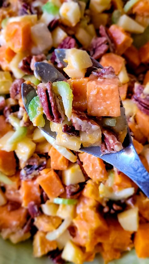 Thanksgiving Sweet Potato Salad, Sweet Potato And Apple Salad, Raw Sweet Potato Salad, Sweet Potato Apples, Mediterranean Sweet Potato Salad, Dressing For Sweet Potato Salad, Summer Sweet Potato Salad, Salad With Sweet Potato Healthy, Sweet Potato Apple Salad