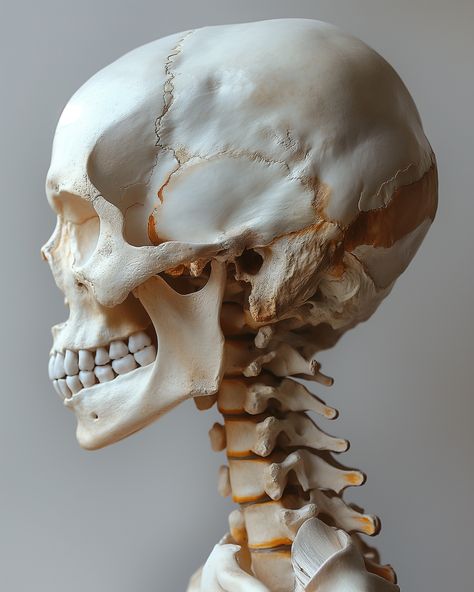 Anatomy of Silence: A Close-Up Study of a Human Skull and Cervical Vertebrae Human Anatomy Bones Study, Human Skull Reference Anatomy, Skull Study Reference, Skull Reference Anatomy, Cranium Anatomy, Skull Anatomy Drawing Study, Skeletal Reference, Skull Practice, Bone Study