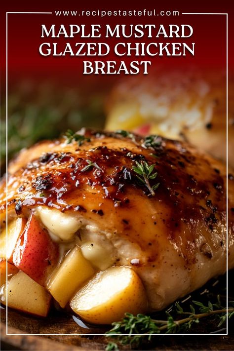 This delicious chicken dish features tender chicken breasts stuffed with creamy brie and sweet apples, all glazed with a maple mustard sauce for a perfect balance of flavors. Maple Chicken Recipes, Apple Chicken Recipes, Mustard Glazed Chicken, Maple Mustard Sauce, Maple Glazed Chicken, Glazed Chicken Breast, Chicken Breast Stuffed, Maple Chicken, Apple Chicken